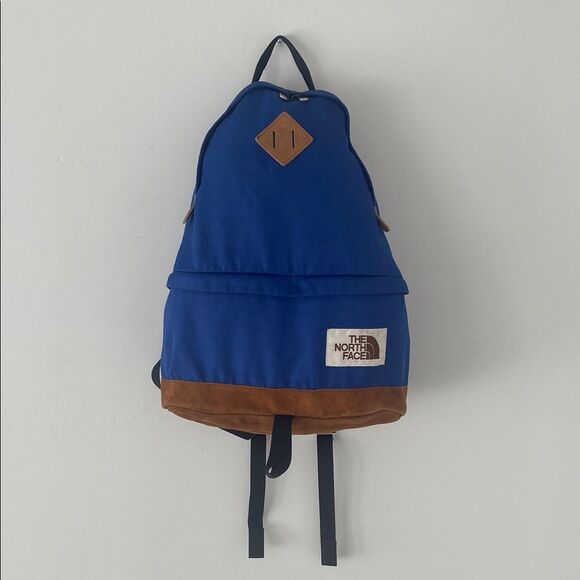 Vintage The North Face Blue Brown Backpack Suede Bottom Panel Retro Design - Picture 3 of 15